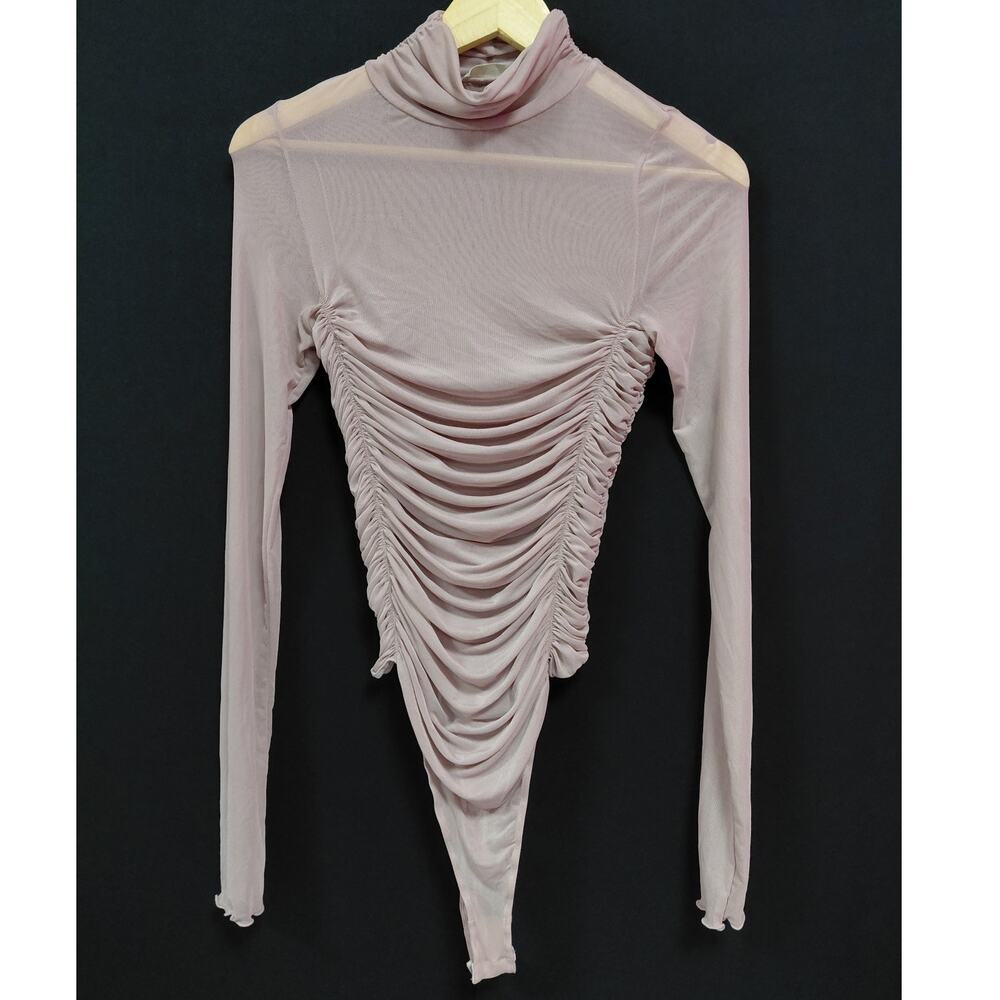 Free People Keep Ruched Long Bodisuits  Sleeve Pink Solid Knit Women Size M